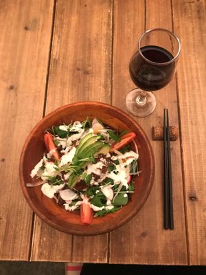 Burger/rice bowl with wine  at Paprika Shokudo Vegan in Osaka