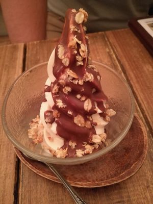 Chocolate soy soft serve at Paprika Shokudo Vegan in Osaka