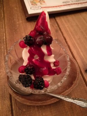 berry soy soft serve at Paprika Shokudo Vegan in Osaka
