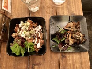 Fried Soy meat Karaage with Brown Rice Bowl and Deep fried Oyster Mushrooms at Paprika Shokudo Vegan in Osaka
