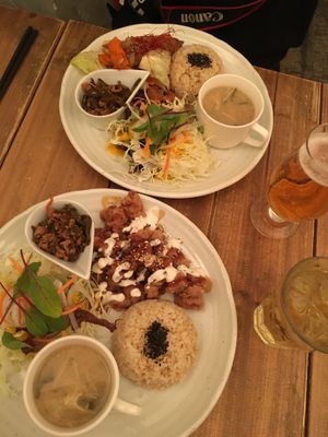 Soy meat karaage and soy meat yakiniku set meals  at Paprika Shokudo Vegan in Osaka