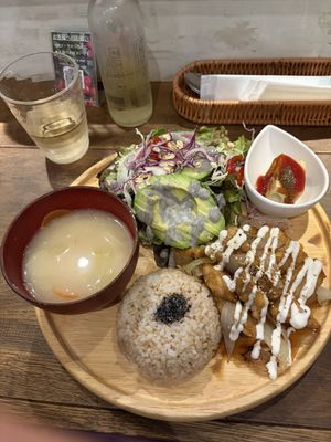 Tempeh set and yuzu kombuchaa  at Paprika Shokudo Vegan in Osaka