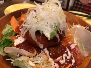 Donburi hamburger bowl at Paprika Shokudo Vegan in Osaka