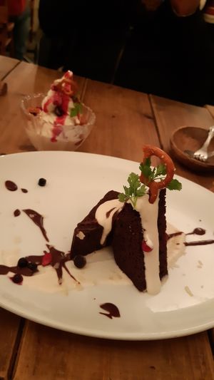 Chocolate brownie and a soy soft icecream at Paprika Shokudo Vegan in Osaka