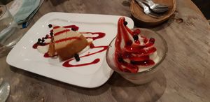 Cheese Cake and Icecream with berry syrup. at Paprika Shokudo Vegan in Osaka