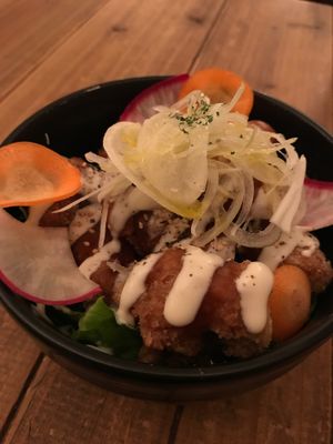 Donburi ‘karaage chicken’ bowl  at Paprika Shokudo Vegan in Osaka