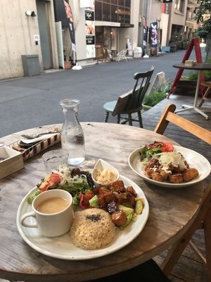 Teriyaki set meal and deep fried soy  at Paprika Shokudo Vegan in Osaka