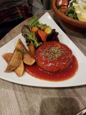 hamburger steak main at Paprika Shokudo Vegan in Osaka