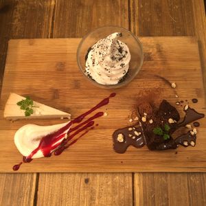 Tofu Baked Cheesecake, Organic Chocolate Brownie and Soy Milk Soft Ice Cream with Sesame at Paprika Shokudo Vegan in Osaka