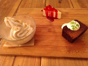 Ice cream, cheesecake, and brownie (all vegan!) at Paprika Shokudo Vegan in Osaka