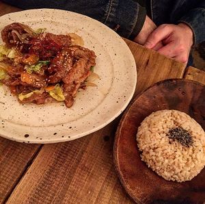 Soy meat plate with rice at Paprika Shokudo Vegan in Osaka