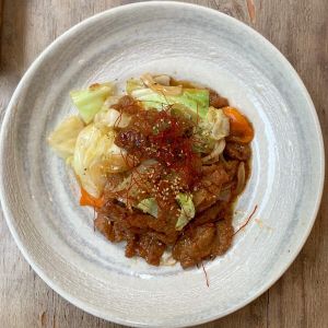 Soy meat and veggies at Paprika Shokudo Vegan in Osaka