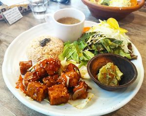 Tempeh plate at Paprika Shokudo Vegan in Osaka