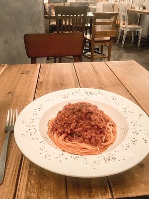 Spaghetti with great mock meat.  at Paprika Shokudo Vegan in Osaka
