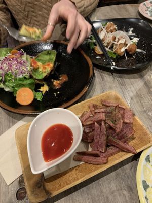 Fries, avocado and deep fried soy meat at Paprika Shokudo Vegan in Osaka