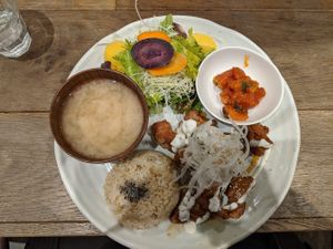 The karaage lunch set at Paprika Shokudo Vegan in Osaka