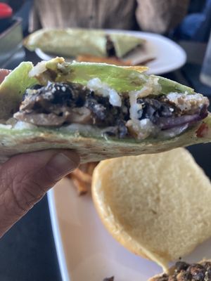 Quesadilla with vegan cheese substitute and veggie burger added as protein  at Tavern Six - Chagrin Falls in Chagrin Falls