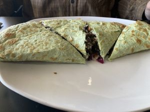 Quesadilla with vegan cheese substitute and veggie burger added as protein at Tavern Six - Chagrin Falls in Chagrin Falls