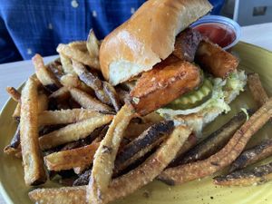 Barbecued tofu with fries at Collision Bend Brewing Company Cleveland in Cleveland