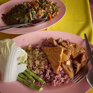 Purple rice with 2 toppings from ALL VEGAN buffet selection (total 35 TBH, oct 2024)  at Pho Jan vegetarian in Phetchabun