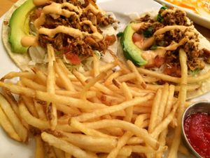 jackfruit carnitas tacos w/ fries at One Veg World in West Covina