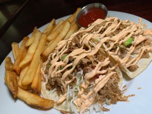 Jackfruit Carnitas Tacos: Corn Tortillas, Cabbage, Avocado, Sriracha Mayo, House-Made Salsa Fresca w/ Fries (or Salad) at One Veg World in West Covina