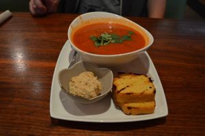 Bowl of spicy soup with cornbread and flax hummus. Yum yum. at Fresh on Eglinton in Toronto