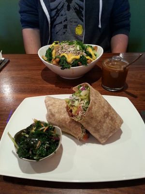 Banquet burger with kale slaw (monthly special), and green poutine with hot sauce. YUM. at Fresh on Eglinton in Toronto
