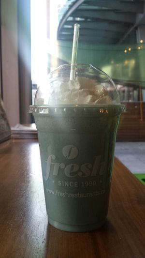 The Endorphin, a new smoothie featuring Blue Majik as a key ingredient and coconut whipped cream on top. at Fresh on Eglinton in Toronto