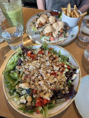 Fresh Greek salad & cauliflower tacos with friesd  at Fresh on Eglinton in Toronto