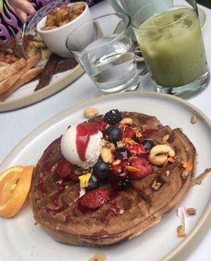 Berry waffle matcha latte at Fresh on Eglinton in Toronto