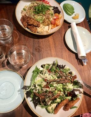 caesar salad with extra tempeh and protein bowl with added avo at Fresh on Eglinton in Toronto