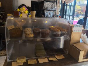 pastries with "all vegan" sign and the bar at Dialogue Coffee & Flowers in New York City