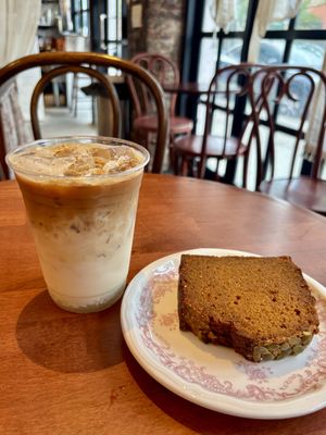 Fermented rice osmanthus latte and pumpkin loaf   at Dialogue Coffee & Flowers in New York City