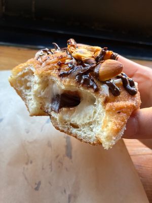 Inside of Nutella cream cheese bombolone at Dialogue Coffee & Flowers in New York City