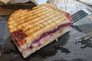 Honee and berry jam-brie vegan panini was delicious, the crunch of the almonds was perfect at Let it Brie in Fullerton