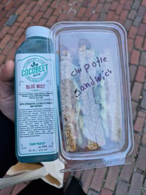 Blue mist juice and a chipotle sandwich at Cocobeet in Boston