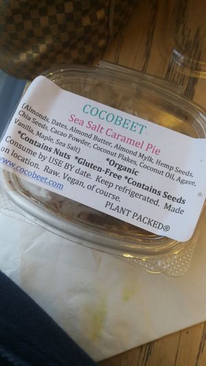  Sea Salt Caramel Pie (raw vegan, gluten-free)
Almonds, dates, almond butter, almond mylk, hemp seeds, chia seeds, cacao powder, coconut flakes, coconut oil, agave, vanilla, maple  at Cocobeet in Boston