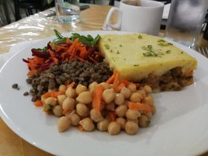 Vegan pastel de papas with saitan and salad at Uriel in Cordoba