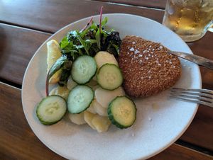 Wannabe Schnitzel with potato salad at The Bavarian in Mackay