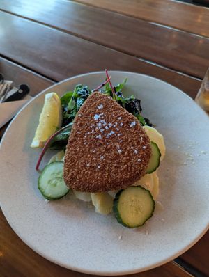 Wannabe Schnitzel with potato salad at The Bavarian in Mackay