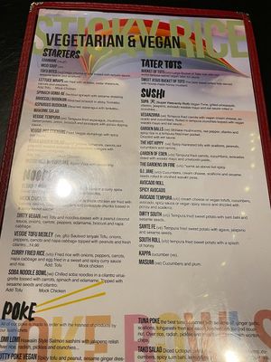 Full vegan & vegetarian menu at Sticky Rice in Washington