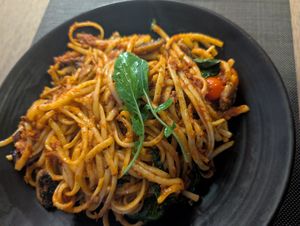 Sun dried tomato pasta at Kitchen Windows Beach Restaurant in Jeffreys Bay