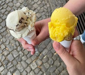 White chocolate Tonka and Mango and passionfruit in the homemade cones at Tribeca Ice Cream in Berlin