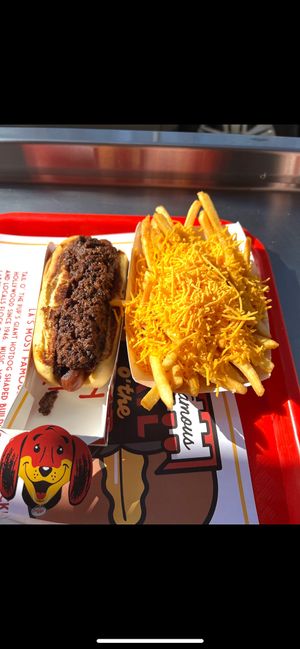Vegan chili hot dog and cheese fries  at TAIL O' THE PUP in West Hollywood