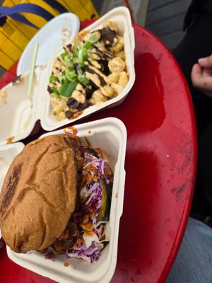 Korean mushroom sandwich and the Mac n cheese BBQ bowl at Fungi Foods in Oakland