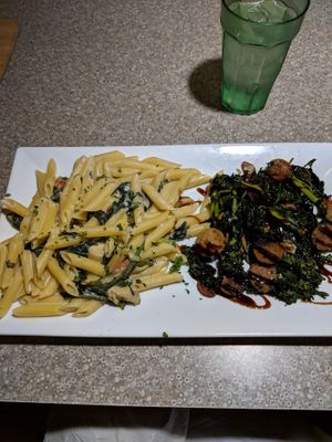 Penne and vegan sausage with broccoli rabe. at Mama's Restaurant and Baci Cafe in Hackettstown