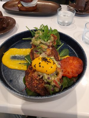 Corn fritters with plant based poached egg at 7th Heaven Cafe in Kirrawee