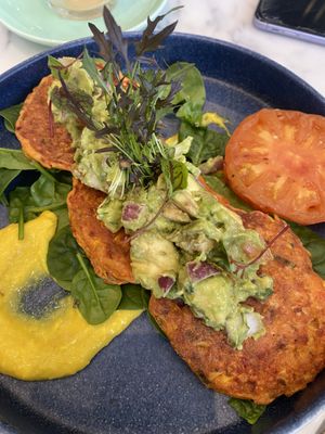Vegan corn fritters  at 7th Heaven Cafe in Kirrawee