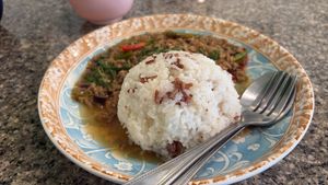 Holy basil stir fry with vegetarian mince meat  at Punsuk Vegetarian in Bangkok